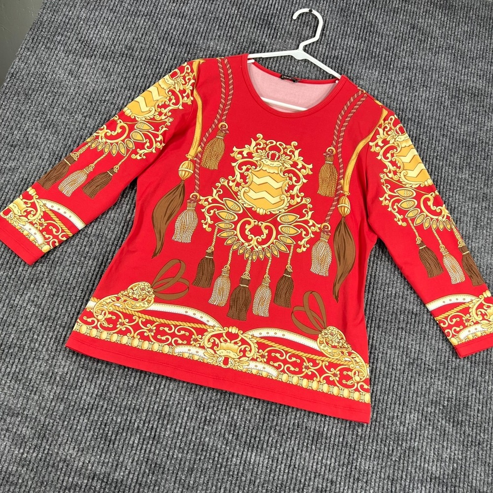J McLaughlin Shirt Top Blouse Womens Medium Red Graphic Long Sleeve Casual
